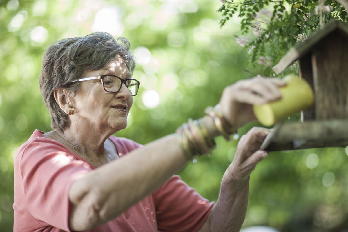 ältere dame, die vogelfutter in vogelhäuschen legt